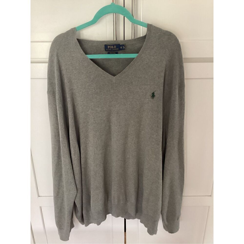 Polo Ralph Lauren V-Neck Sweater Pullover Sz 4XB Pima Cotton Gray